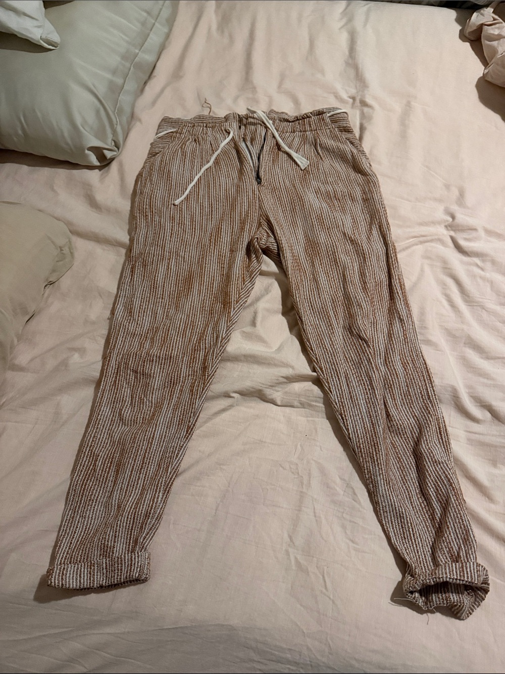 Free People Beige & White Striped Drawstring Joggers